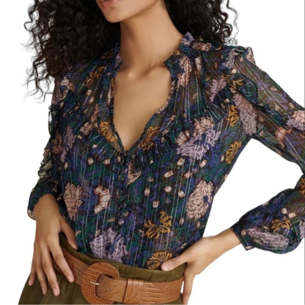 NWOT Veronica Beard Abra Floral Ruffle Sheer Black Multi Blouse, Size 6